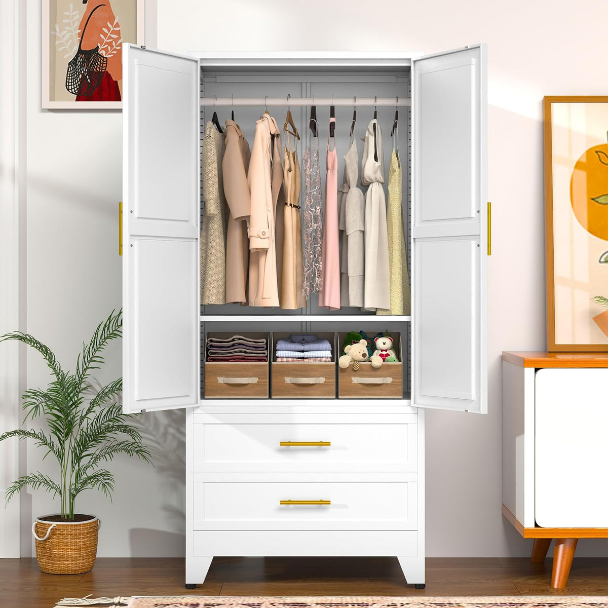 White steel wardrobe cabinet open front view showing hanging rod with garments, shelf and two drawers in a styled bedroom.