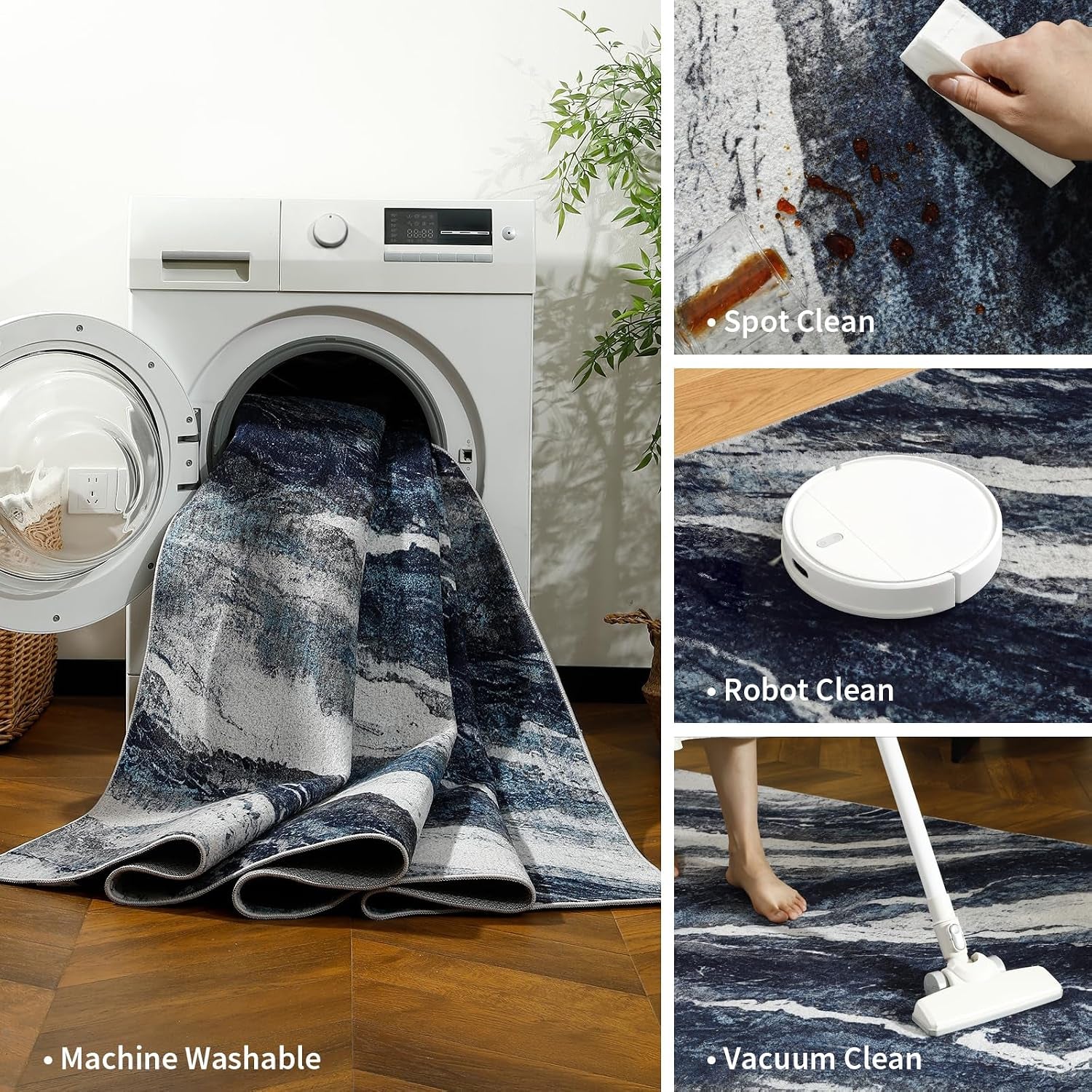 Machine-washable rug entering a washing machine with spot-cleaning, robot vacuum and vacuum examples
