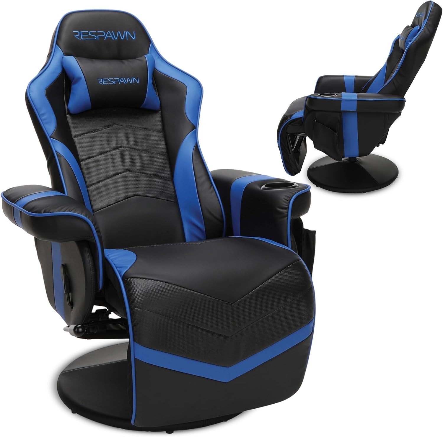 Black and blue gaming recliner with lumbar pillow, padded armrests and cup holder; inset shows reclined side profile
