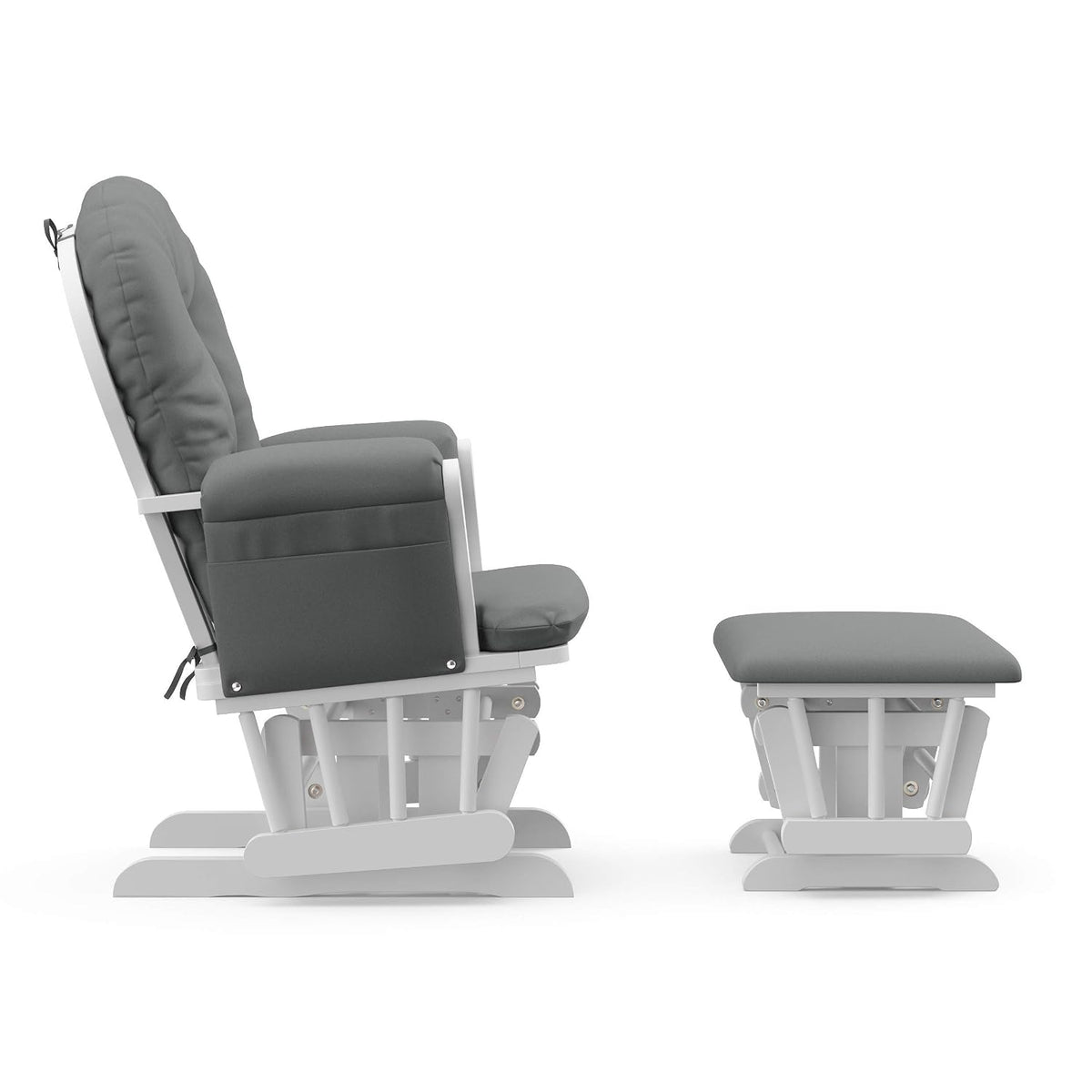 Side profile of the glider and separate ottoman showing gray upholstery and white base.