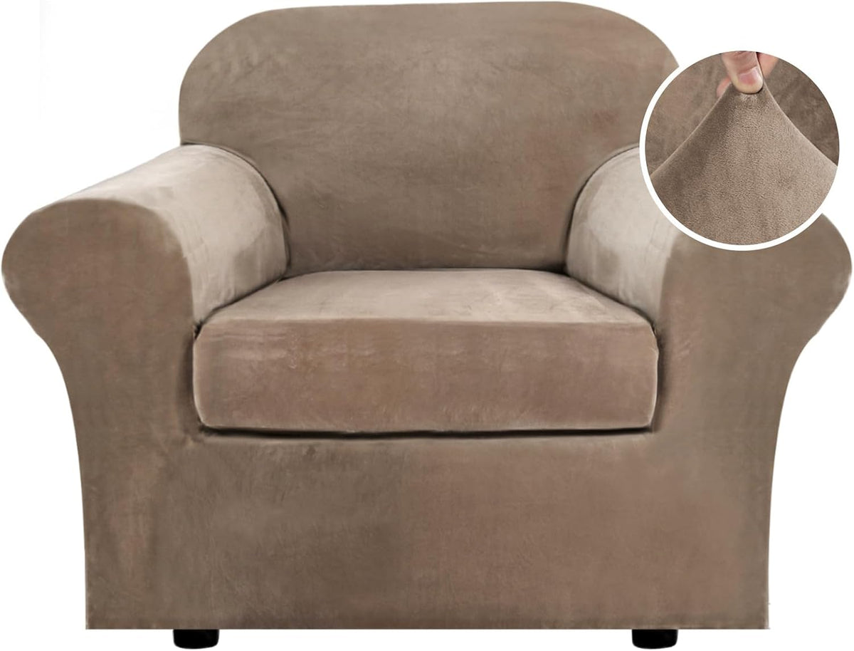 Front-facing single-seat armchair in warm taupe velvet with a circular inset showing a pinched fabric swatch.