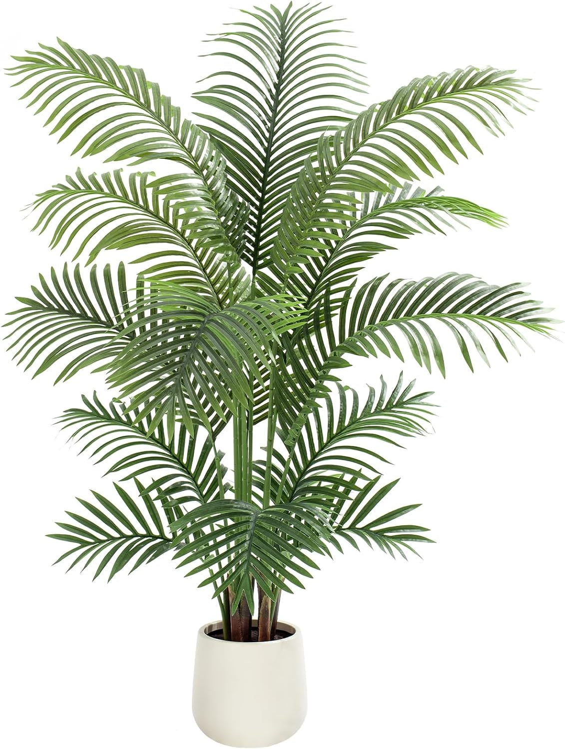 Tall faux Bird of Paradise with many layered green fronds and several brown trunks planted in a short white pot on a white