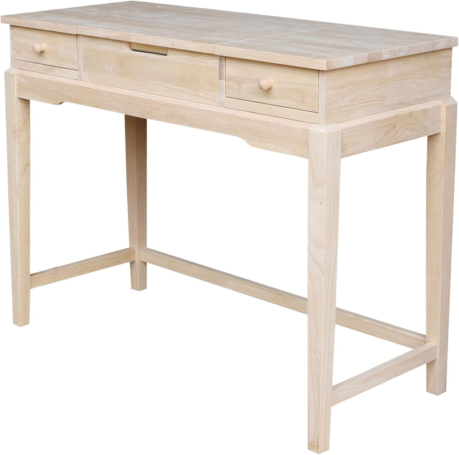 Unfinished light parawood vanity table angled front view showing three drawer fronts and straight legs.