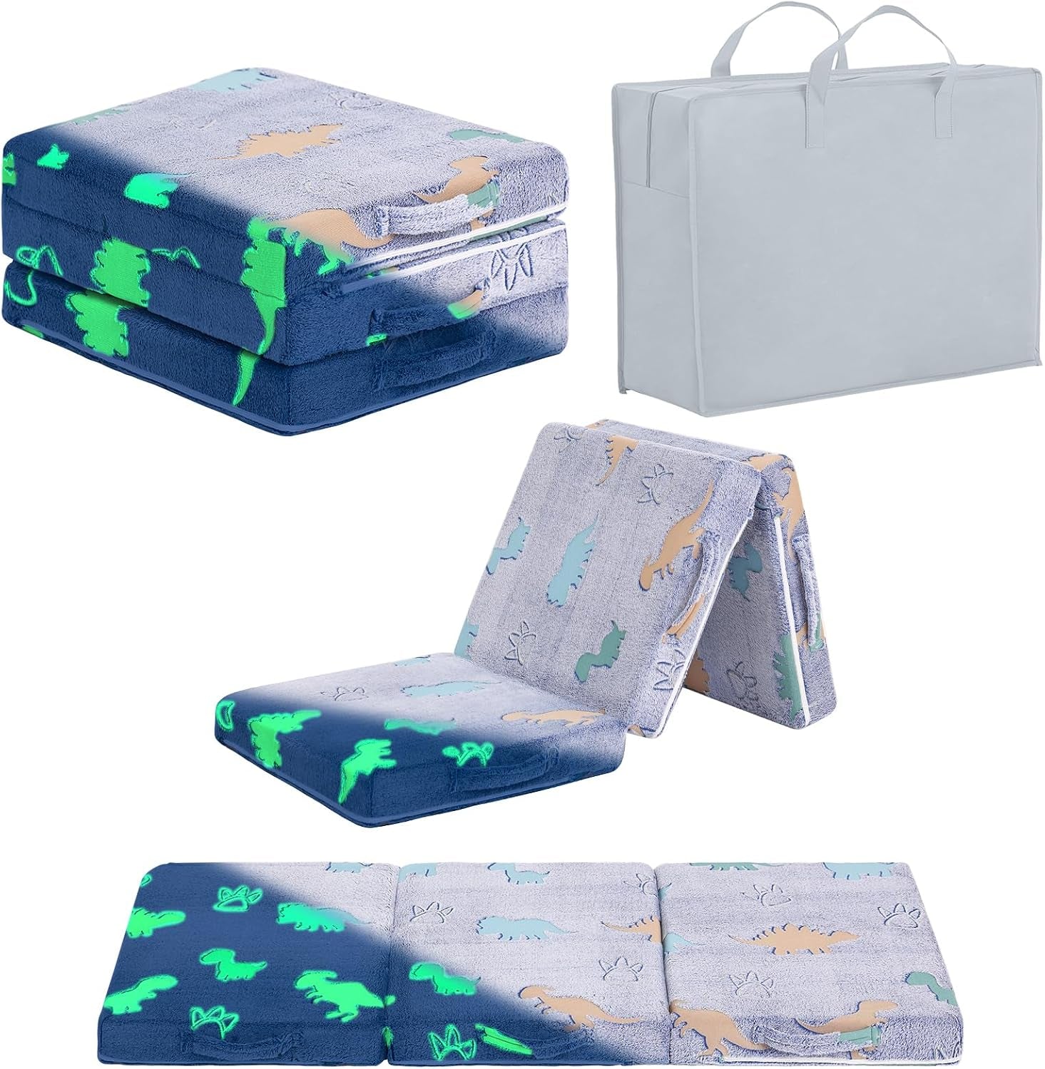 Folded and z-shaped dinosaur motif mattress in studio view with glowing green dino silhouettes and matching storage bag.