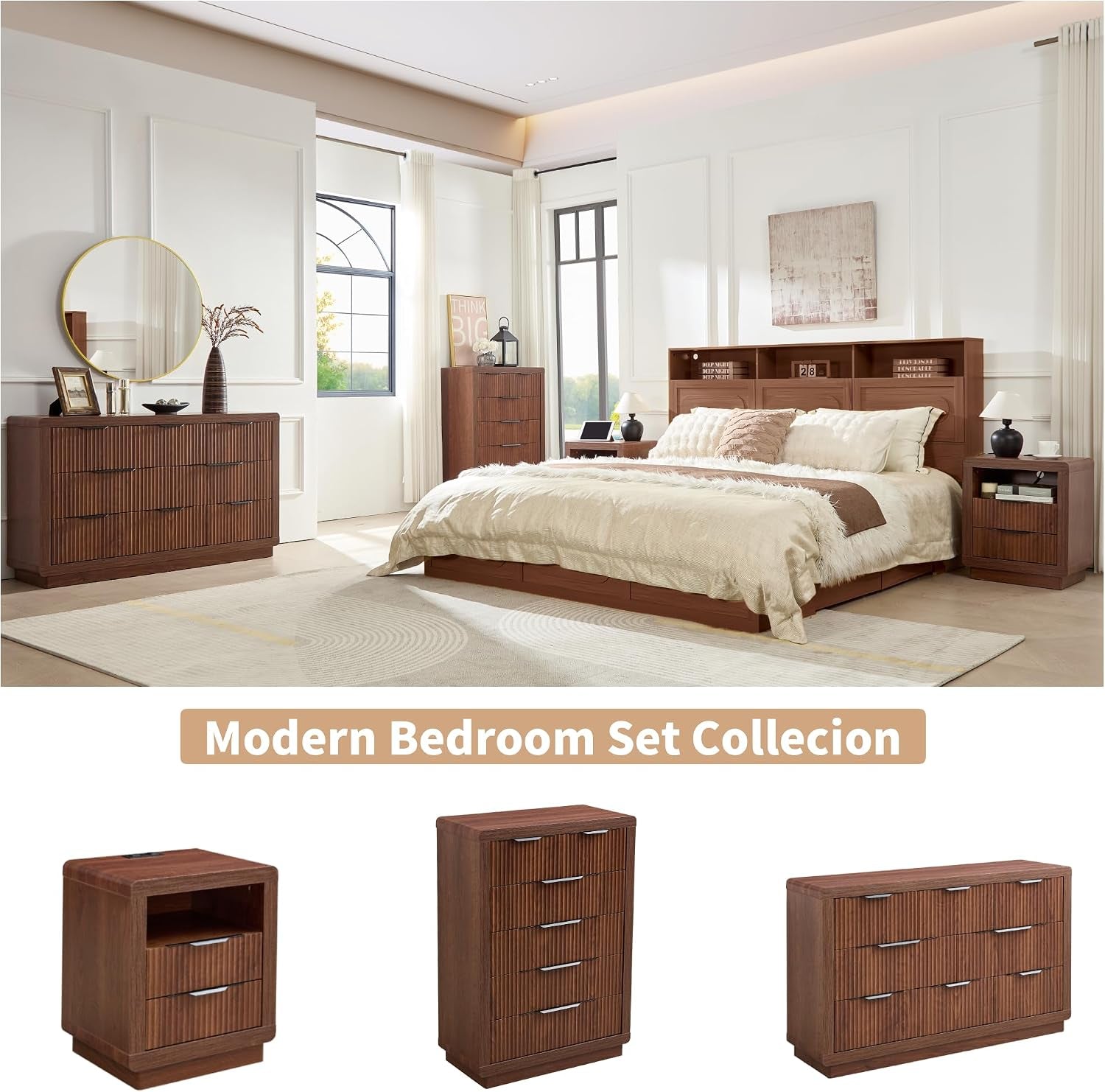 Staged bedroom showing bed, headboard, dresser and matching walnut nightstand beside the bed in a bright room.