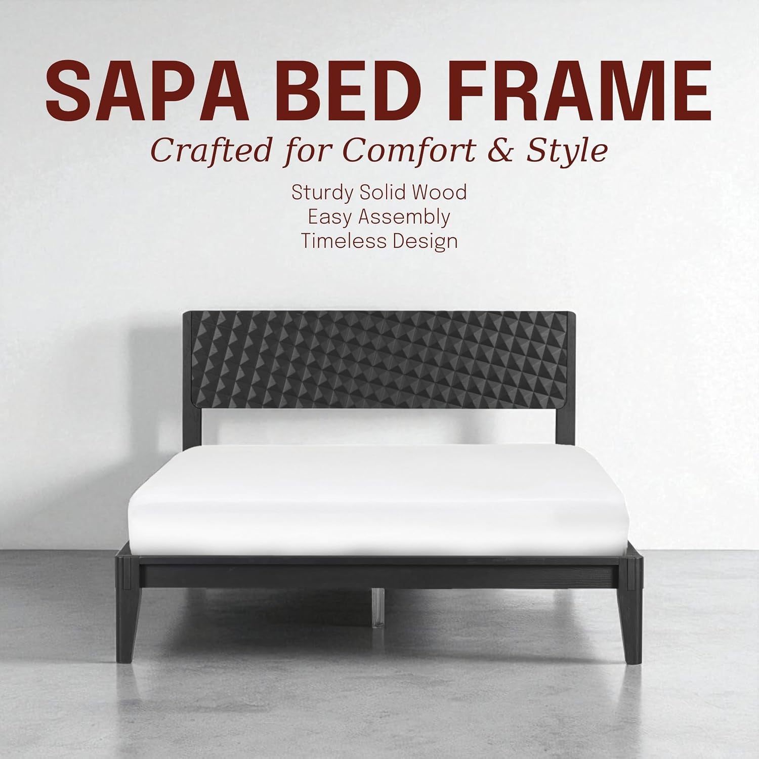 Straight-on studio view of the bed frame and carved headboard with product name text above on a white background.
