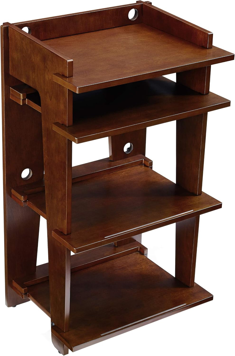 Three-tier mahogany wood media console shown from front-right angle against white background.