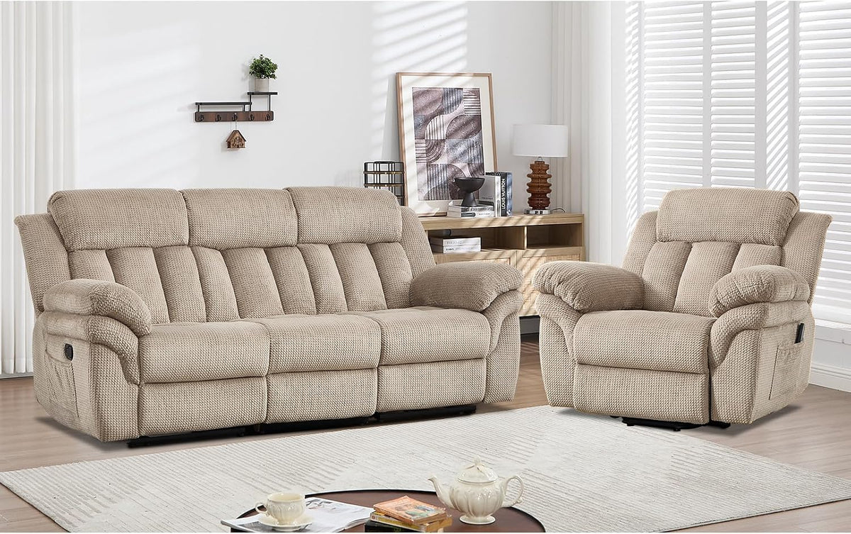 Light brown reclining sofa and single recliner angled in a sunlit living room setting
