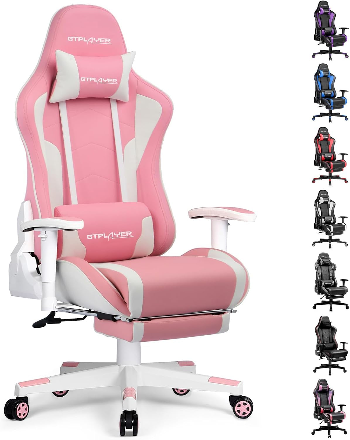 Pink and white gaming chair shown from front with footrest extended and small color thumbnails at right.