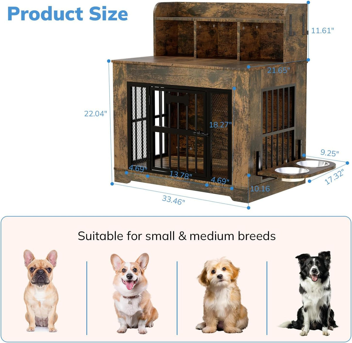 Three-quarter view of the crate with blue measurement lines indicating height, width and shelf dimensions above a row of