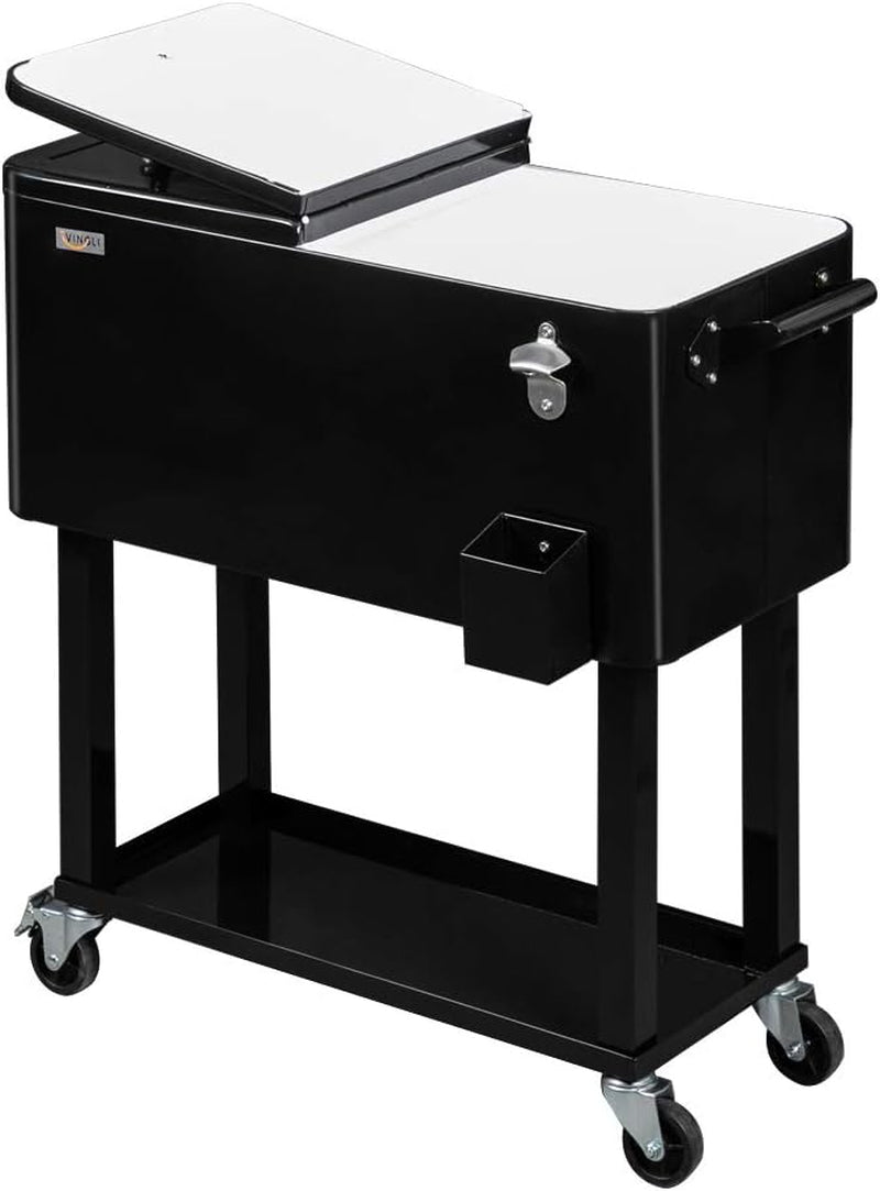 Black rolling ice chest on a wheeled stand shown from a front three-quarter angle on white background.