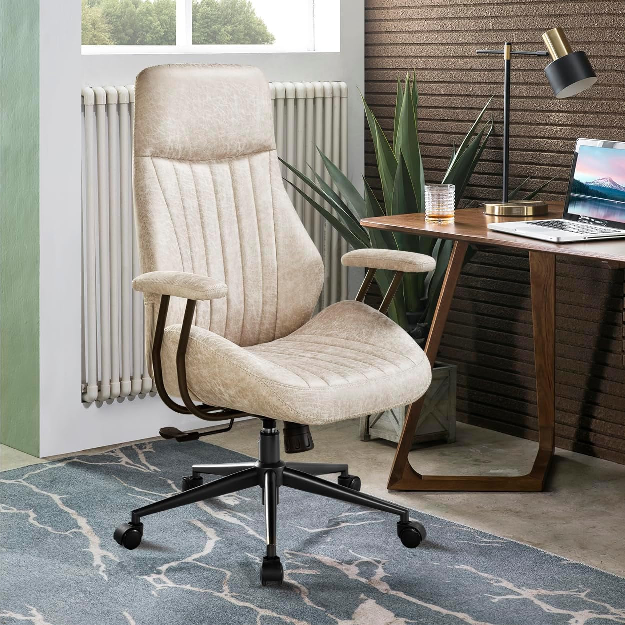 Cream-colored high-back chair in a bright corner by a radiator and wooden desk
