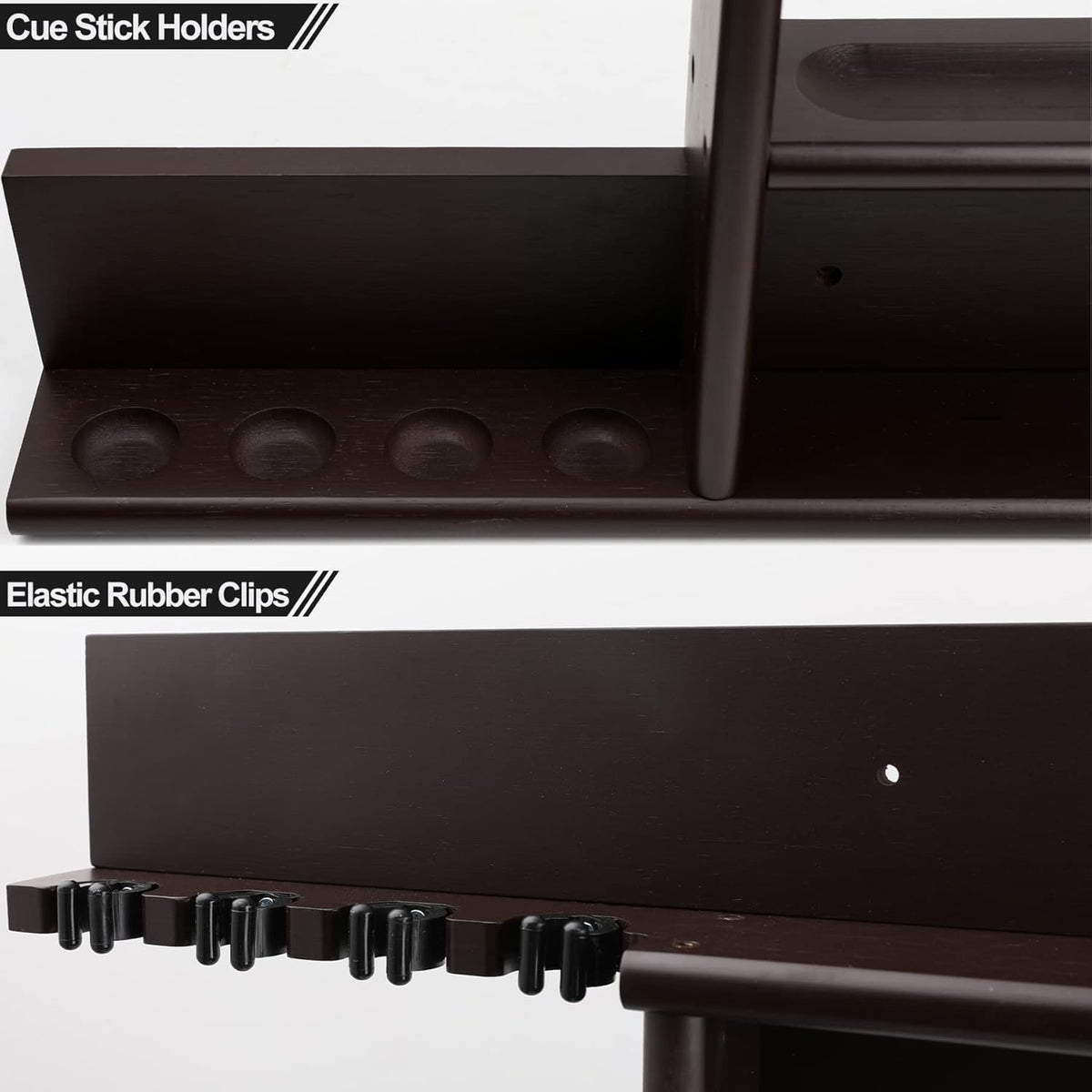 Close-up of cue stick holders showing black elastic rubber clips mounted on the lower wood rail