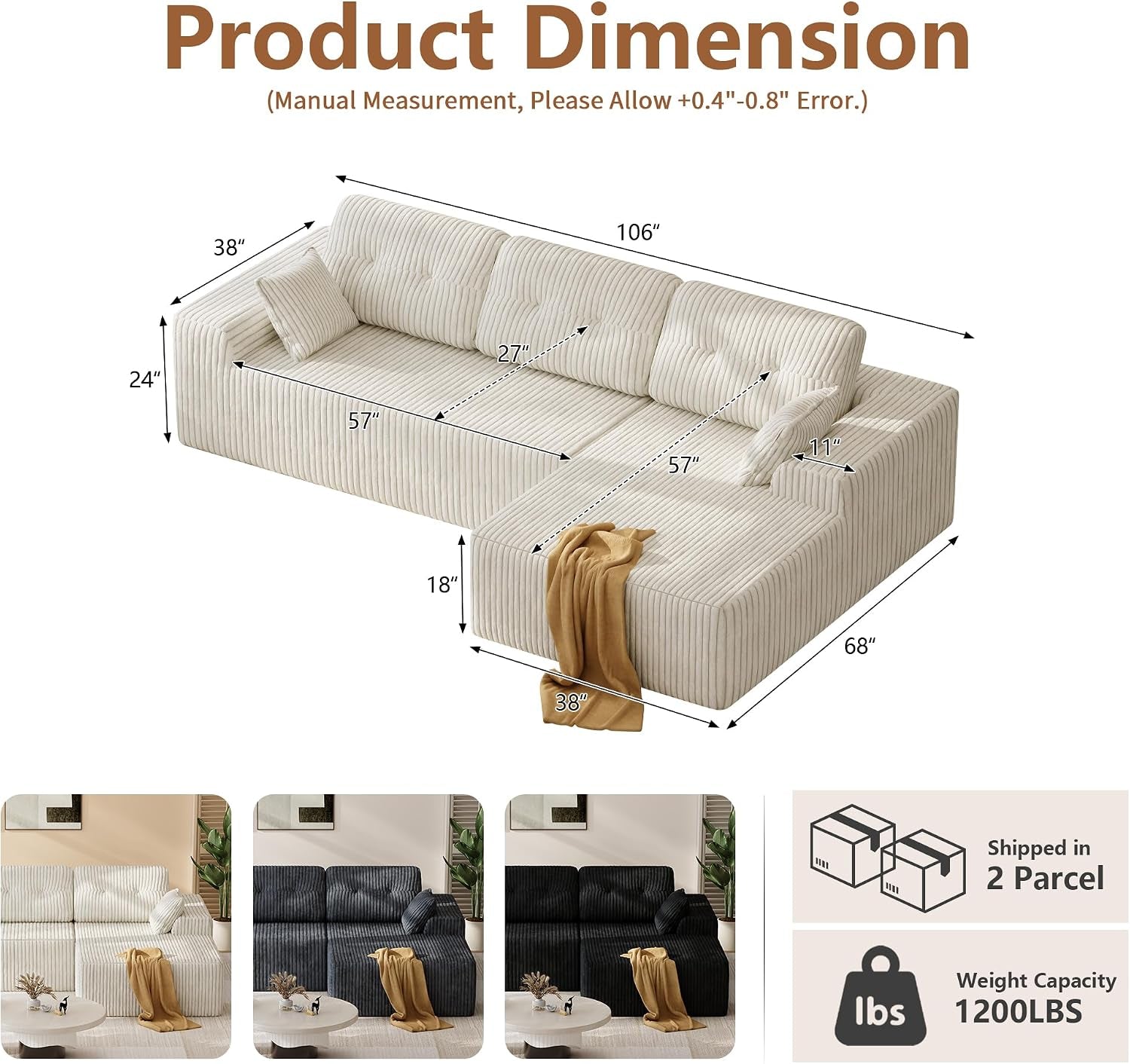 106" L-Shaped Modular Sectional Sofa, Boneless Cloud Couch | with Deep Seat, Corduroy Fabric, 18" Seat Height, 32D Foam & Pocket Spring Support, Right Facing Chaise for Living Room