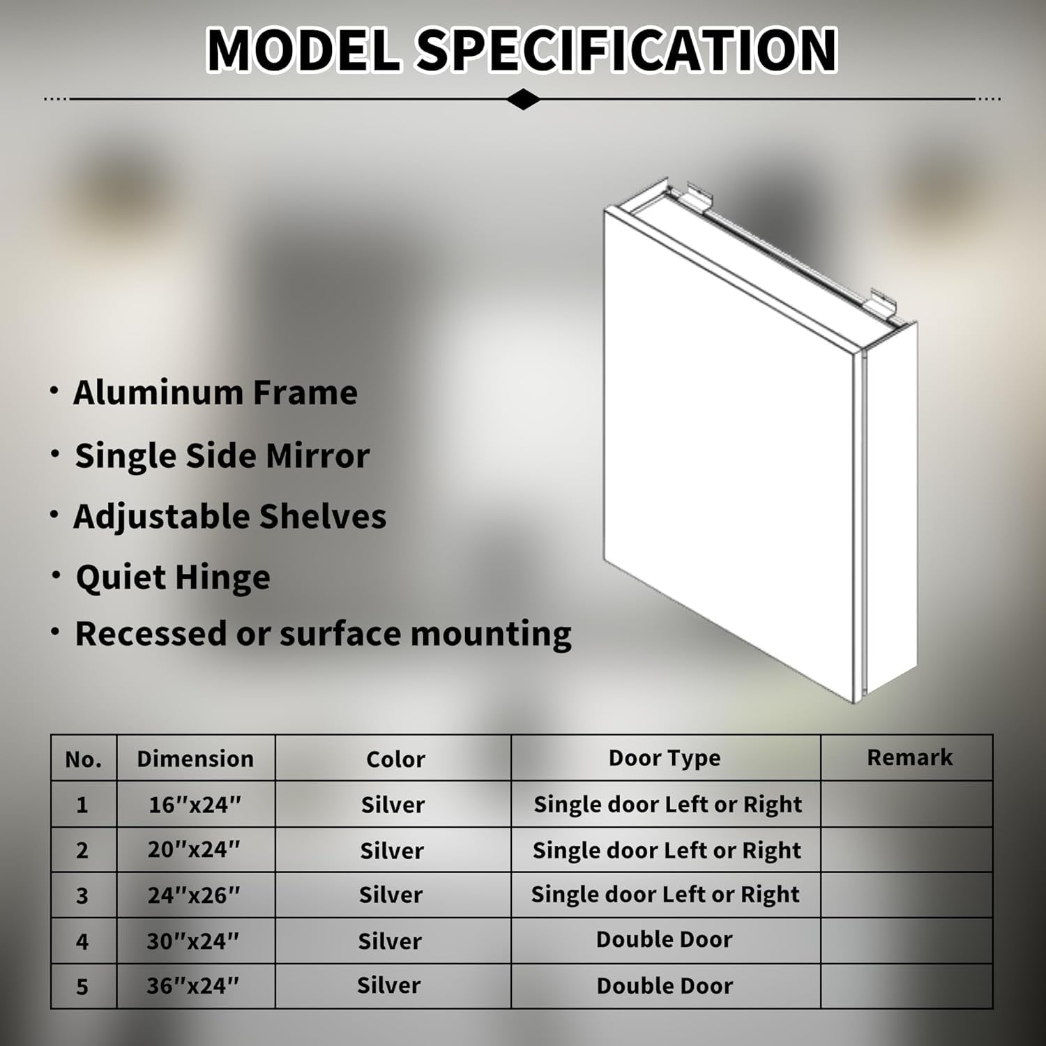 Model specification graphic with a cabinet illustration, bullet features and a specification table