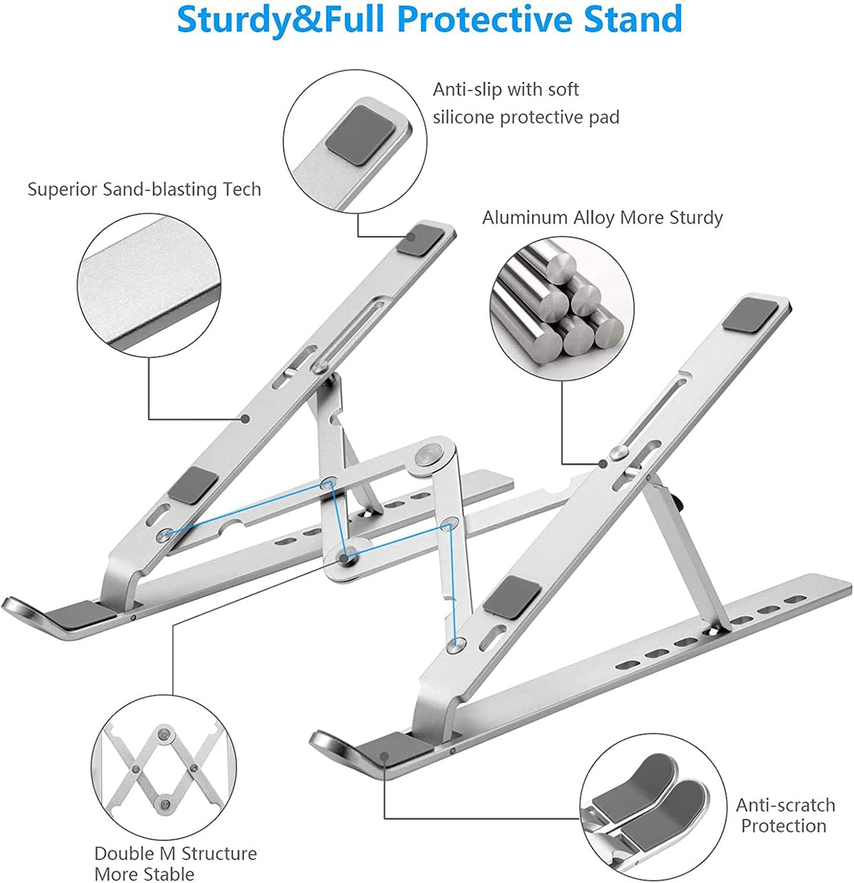 Close-up of the silver stand's hinge, non-slip rubber pads and double-M support structure on a light background