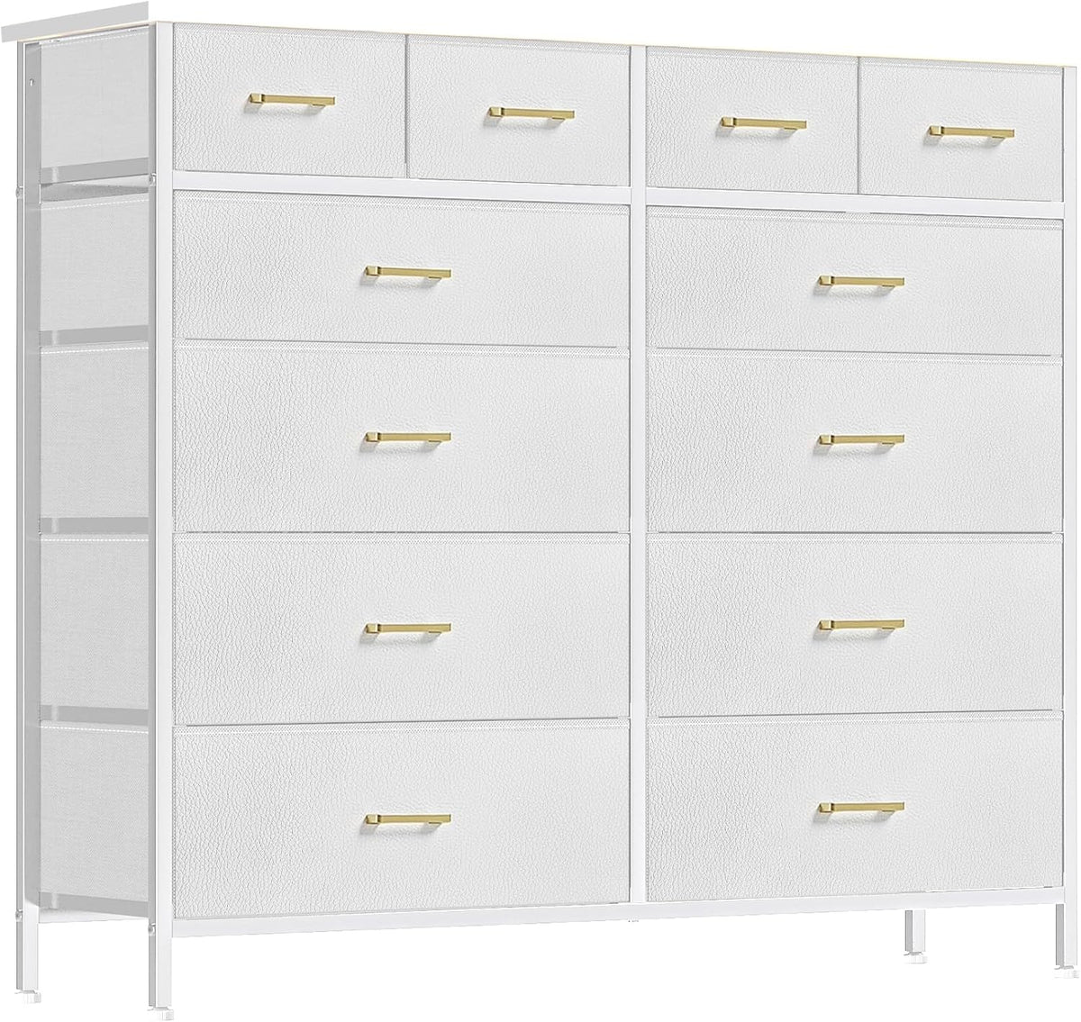 Front view of the dresser in white fabric-front drawers with gold-tone handles and wood top