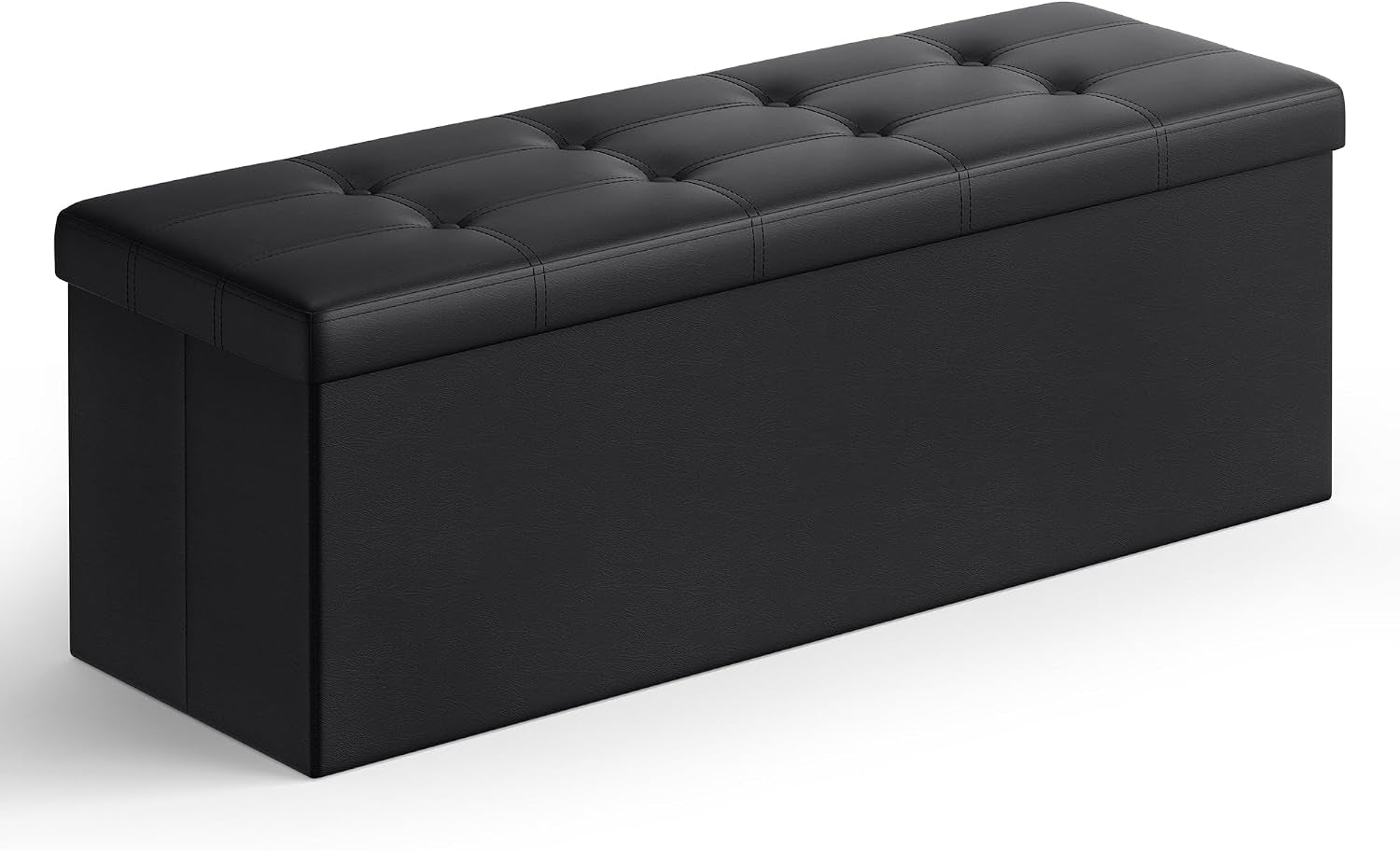 Black tufted faux leather rectangular storage ottoman angled front view on white background