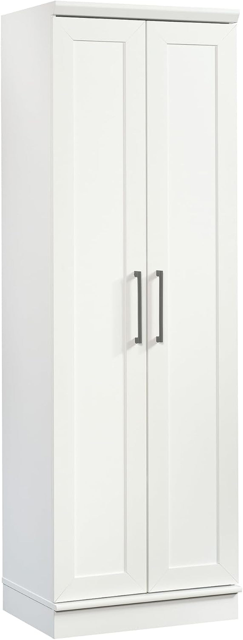 Tall two-door storage cabinet in a clean white finish with slim dark metal handles.