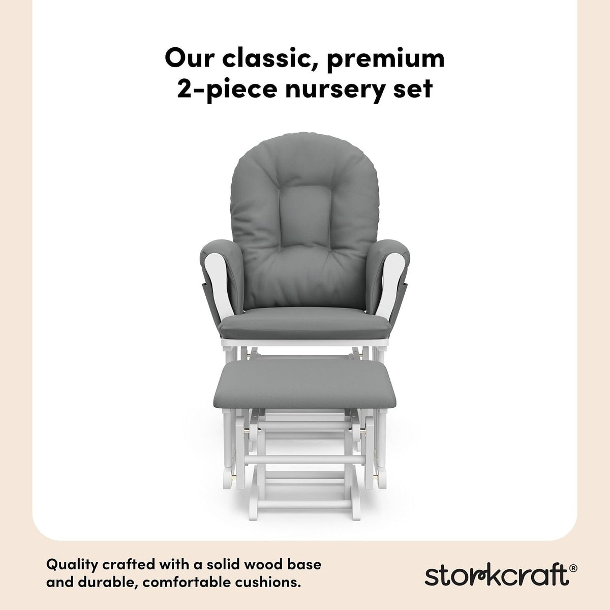 Front-facing view of the gray cushioned glider with matching ottoman aligned in front.