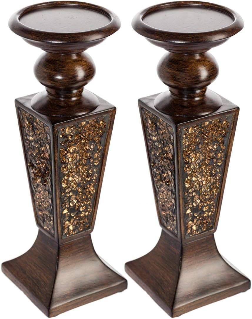 Close-up crop of two brown holders showing tops, turned necks and textured crackled mosaic side panels