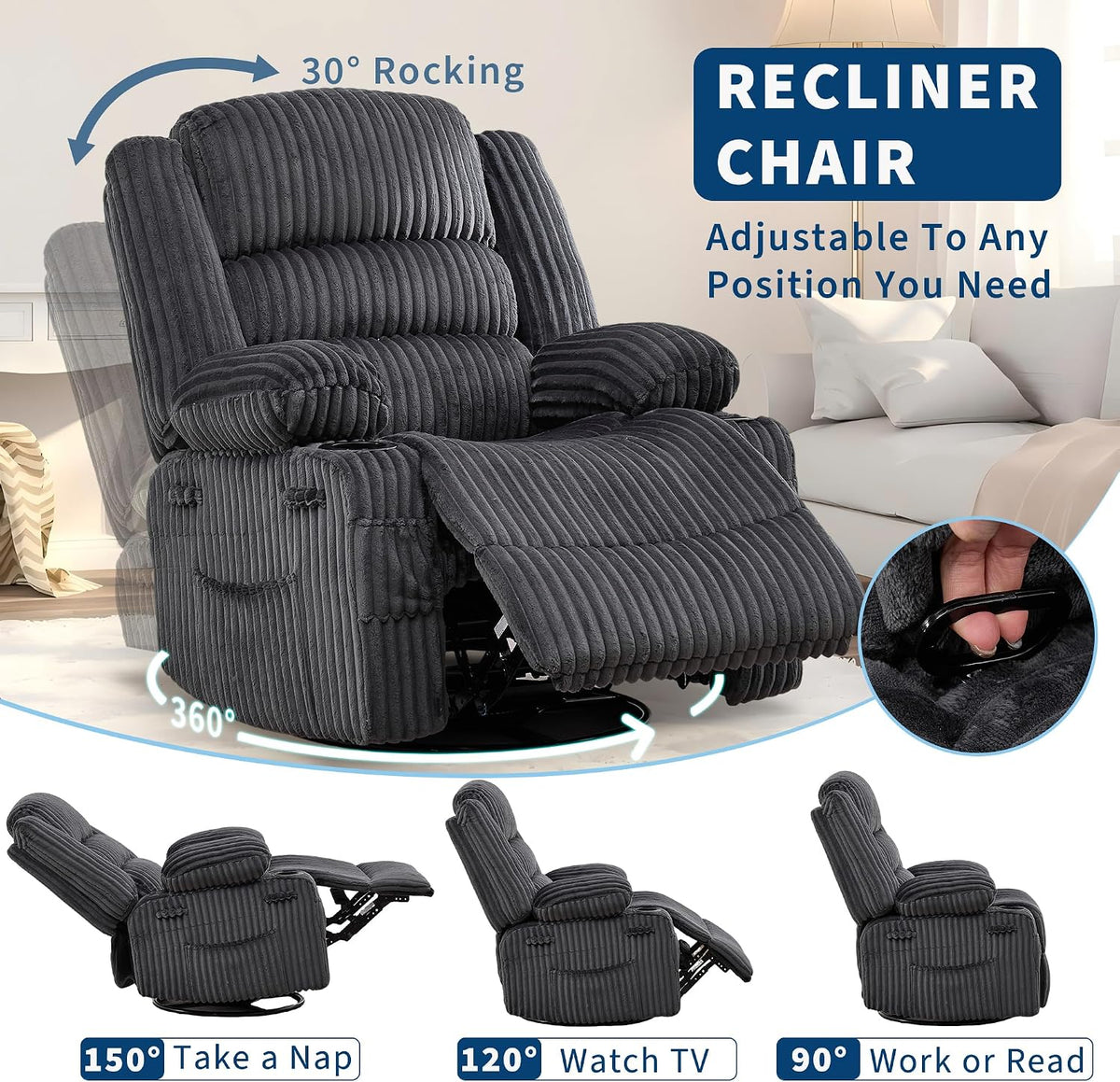 Side view showing recliner in multiple positions with footrest extended and pull-handle detail