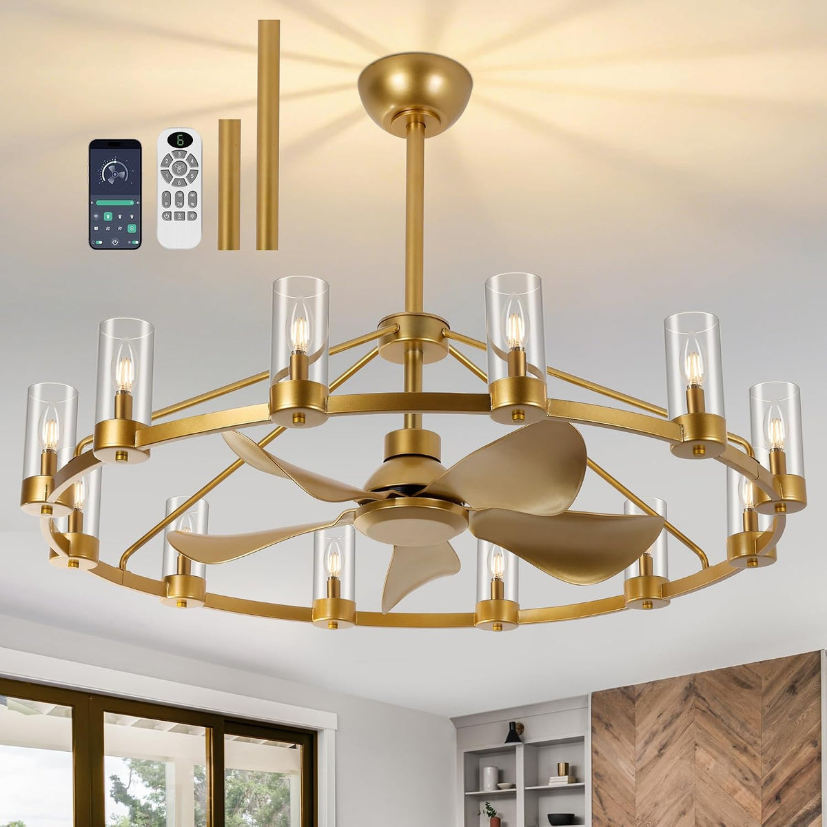 Gold wagon-wheel chandelier ceiling fan angled front view with clear glass shades, remote and downrods visible