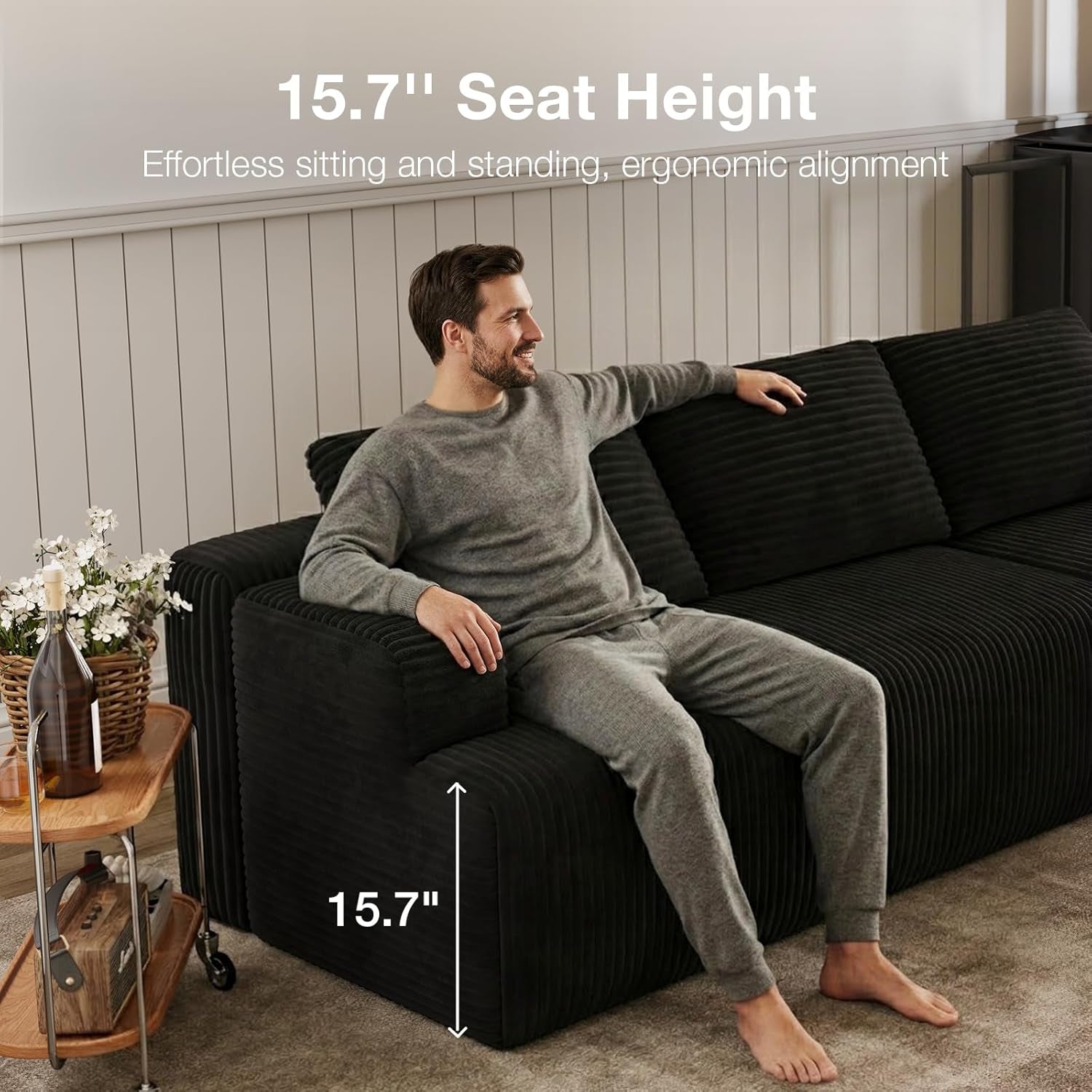 L-Shape Sectional Couches for Living Room with Smarts Coil® Support, 3 Seater Sectional Sofas for Living Room Bedroom, Corduroy Cloud Couch Sectional, No Assembly(Black, Right Hand Facing)
