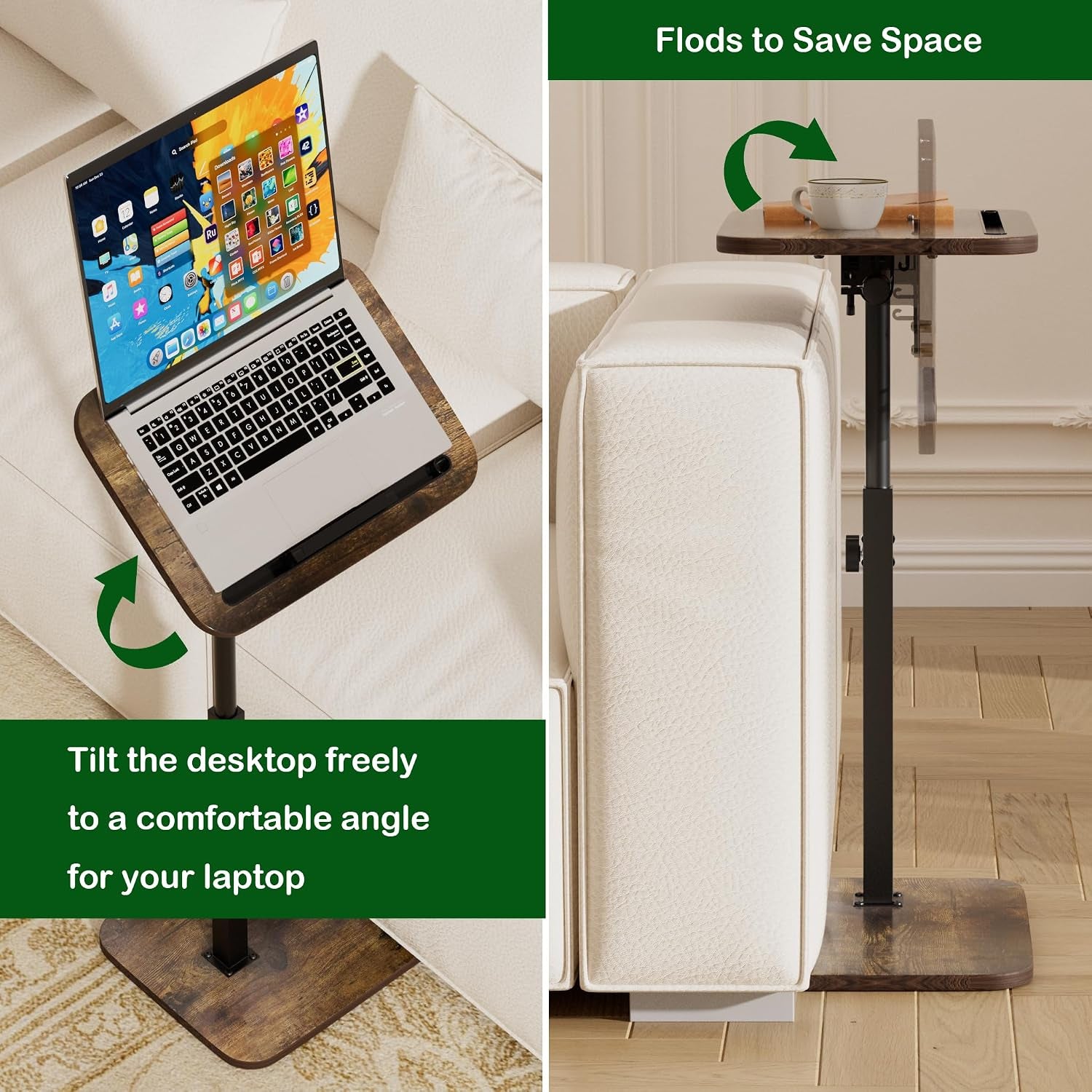 Split image showing a dark wood C-table tilted with a laptop and beside a sofa with the tabletop folded up to save space.