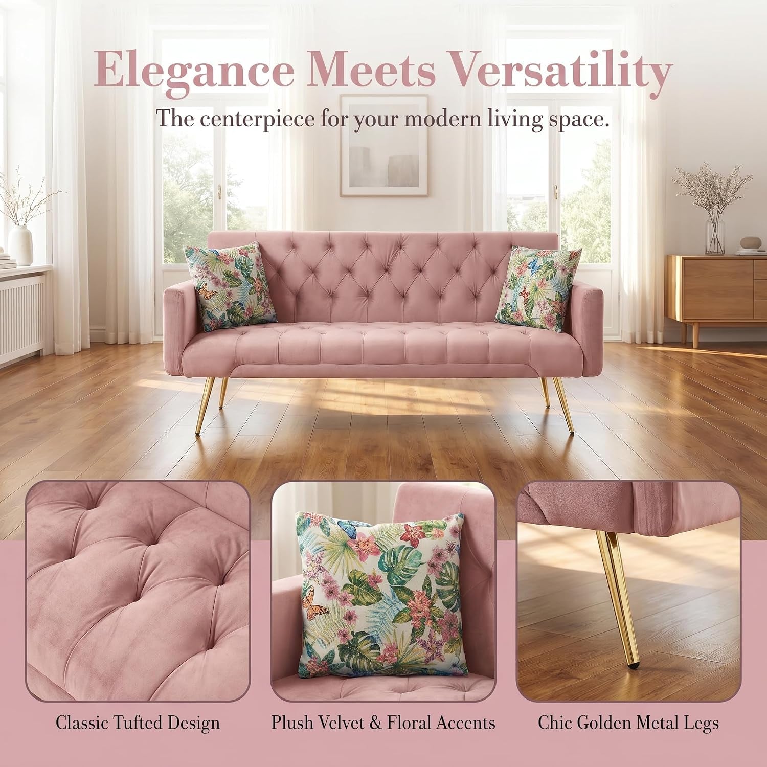 Pink velvet sofa centered in bright room with close-ups of tufting, floral pillow, and gold leg.