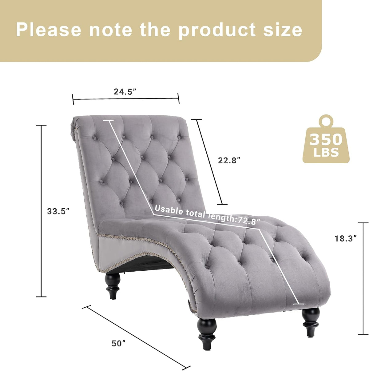 Grey tufted chaise lounge in a product dimensions graphic
