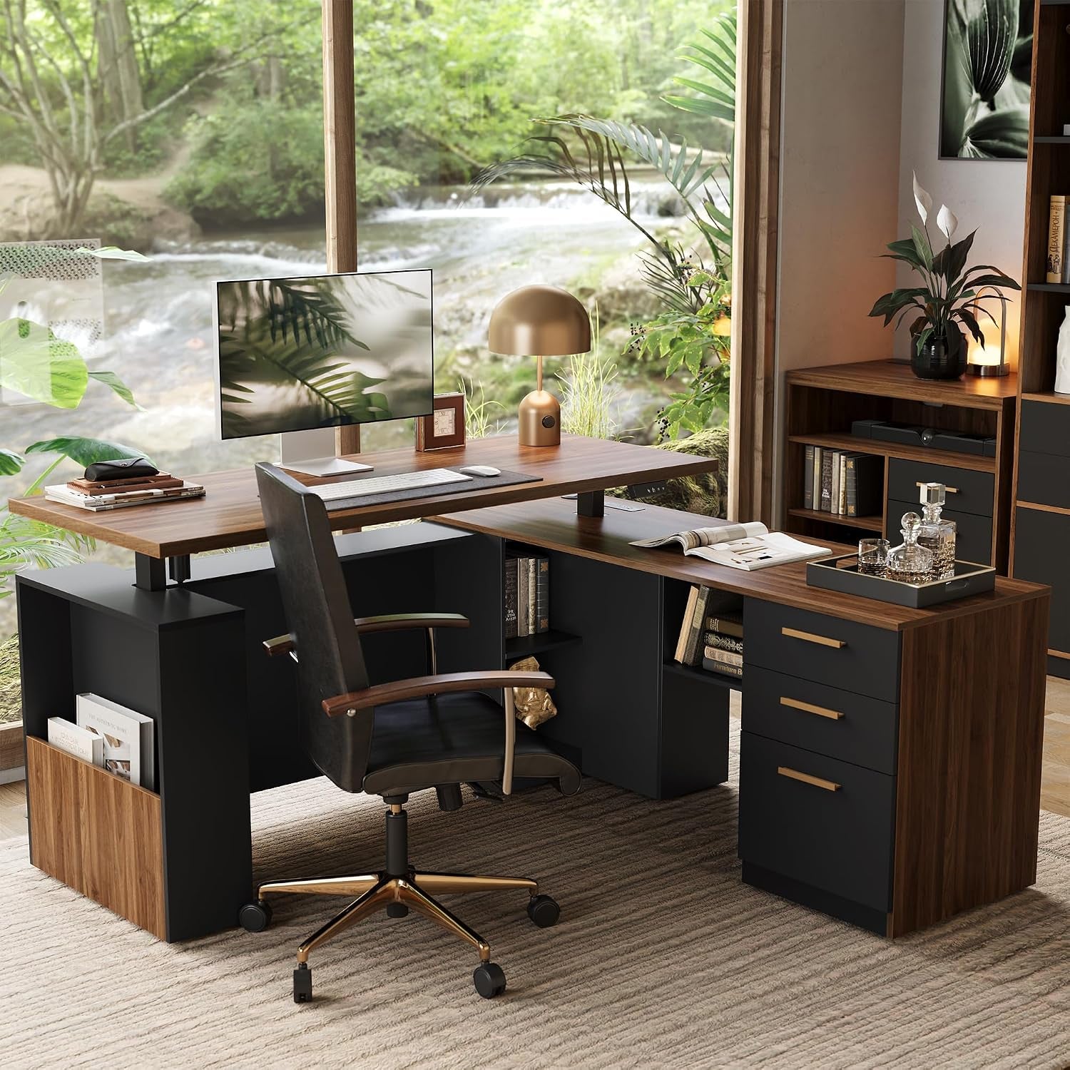 Walnut L-shaped standing desk with black storage cabinets angled front view in a bright home office
