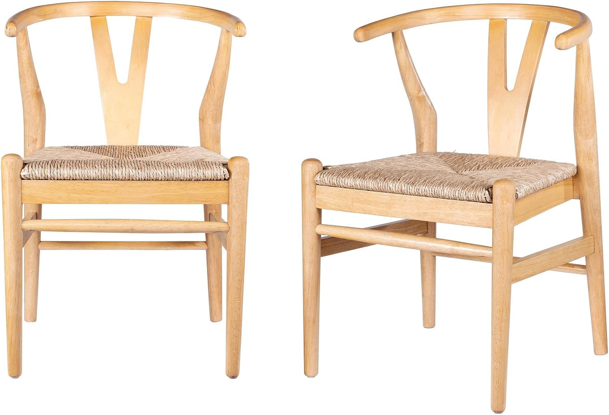 Front and angled view of two natural wood wishbone dining chairs on a white background showing woven seats