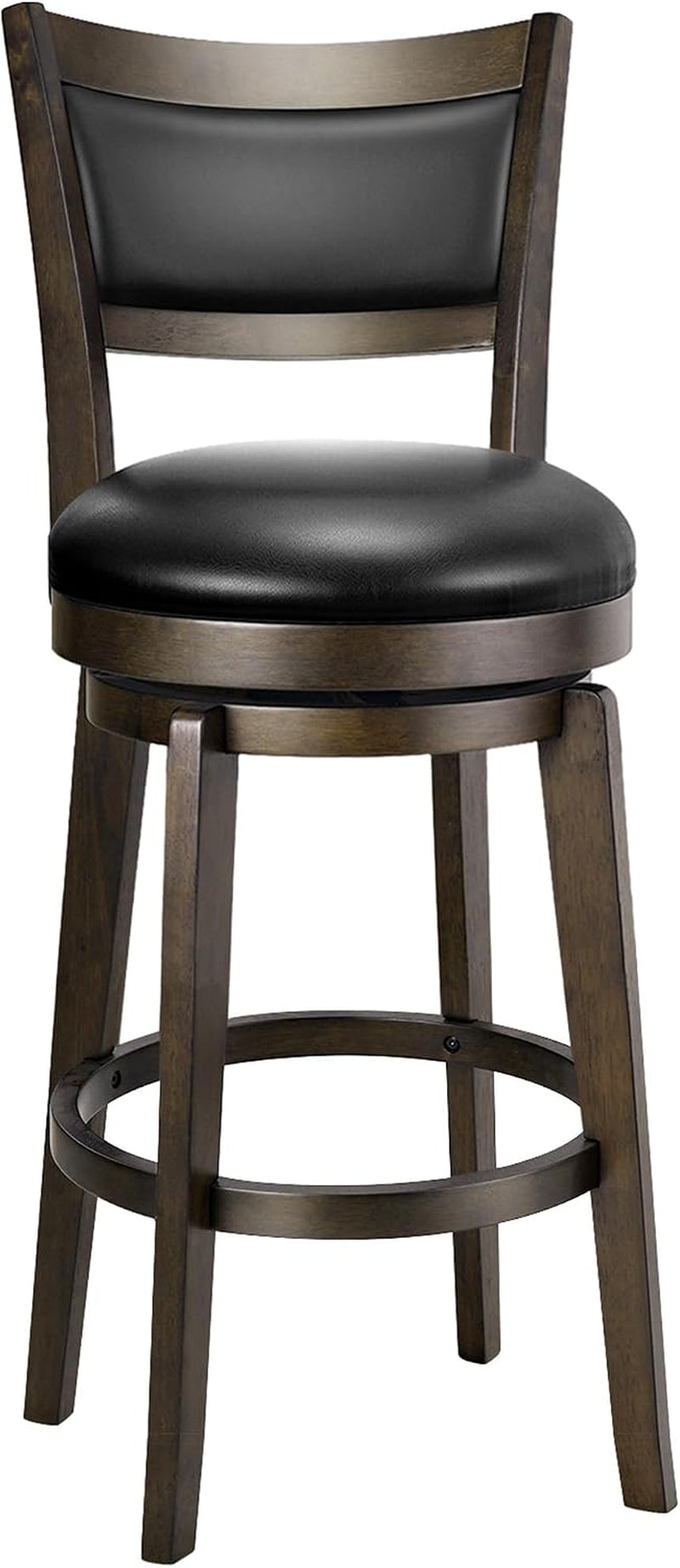 Close-up of one bar stool showing padded black faux-leather seat, curved backrest panel and circular footrest.