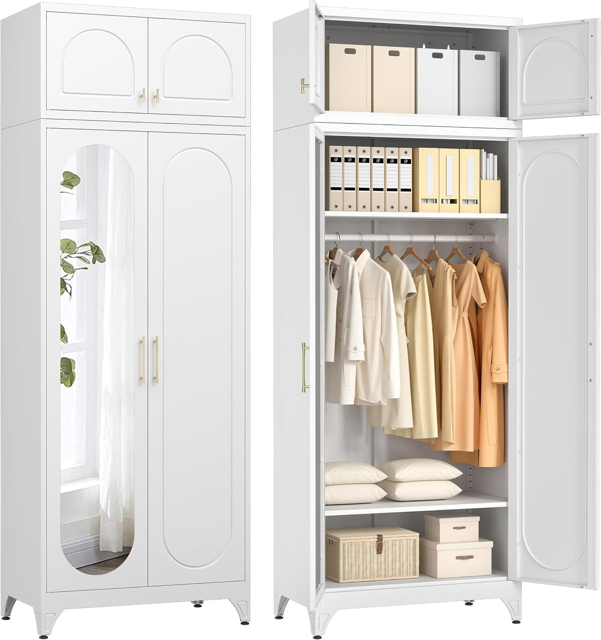 Two views of the wardrobe: closed with mirrored panel and open with clothes, boxes and pillows inside