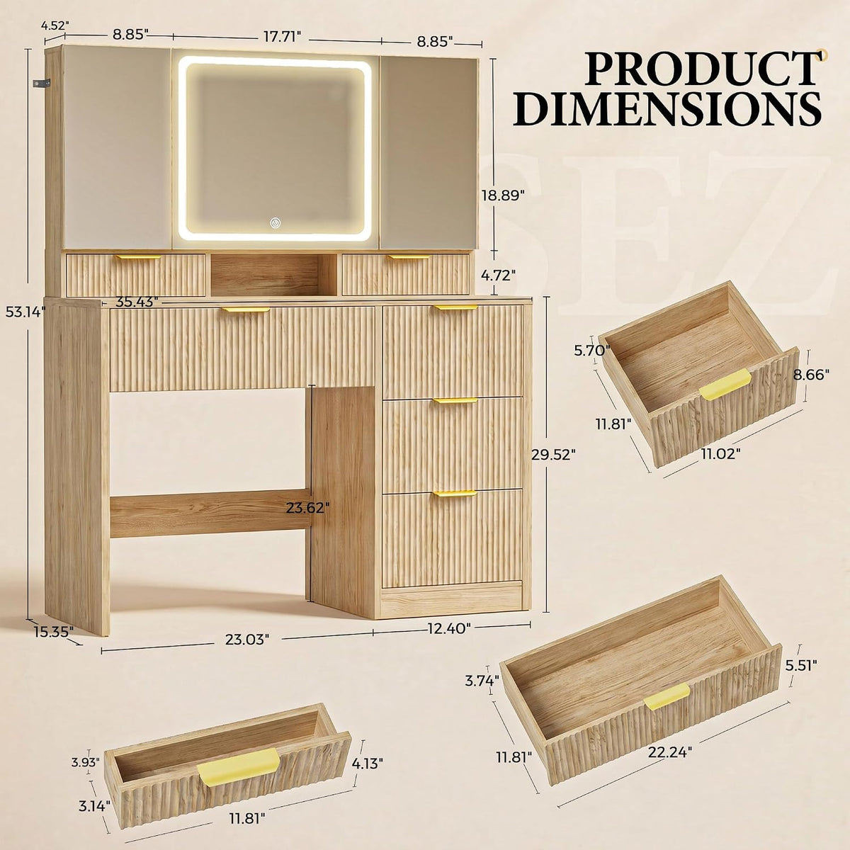 Graphic overlay of product dimensions and drawer measurements on the fluted vanity desk