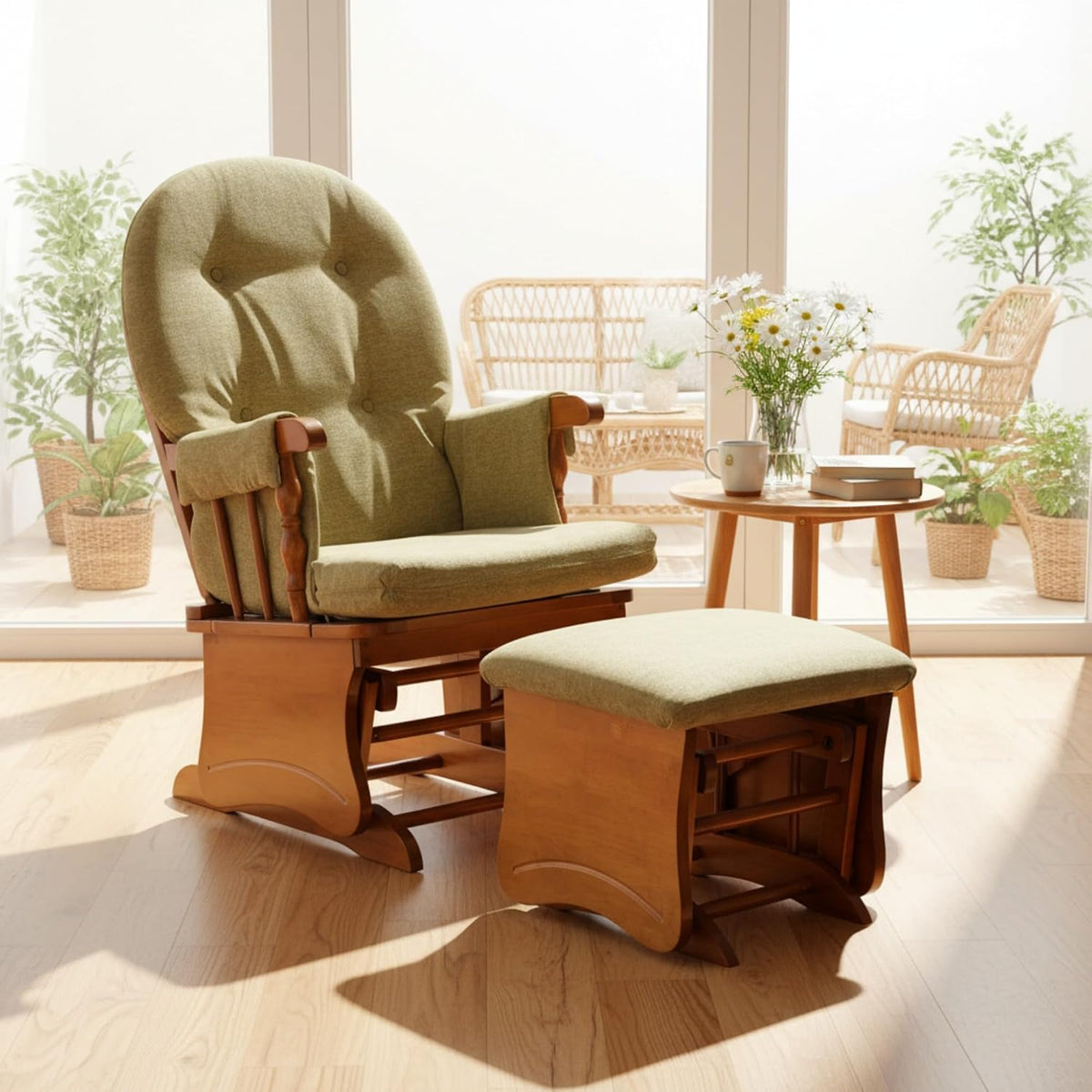 Oak-framed glider chair with green tufted cushions and matching ottoman by a sunlit window