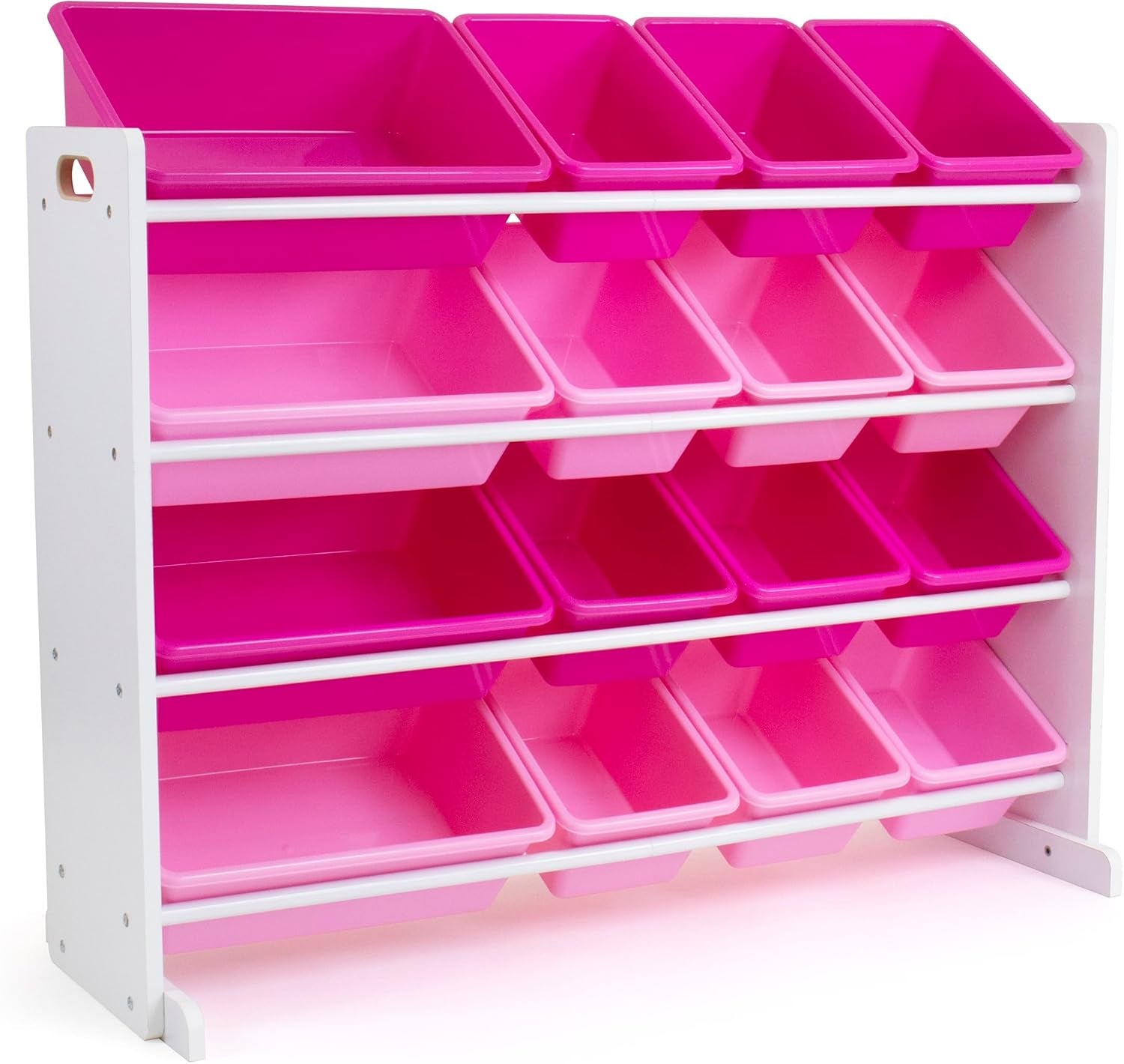 Three-quarter view of a white-framed organizer holding 16 two-tone pink storage bins, showing a side handle cutout.