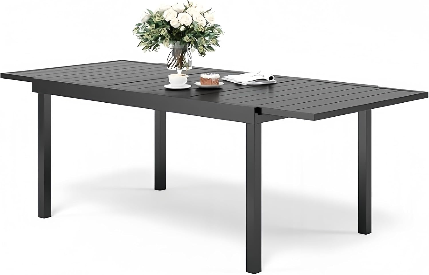 Three-quarter view of a long black slatted outdoor dining table with four square legs and a vase on top.