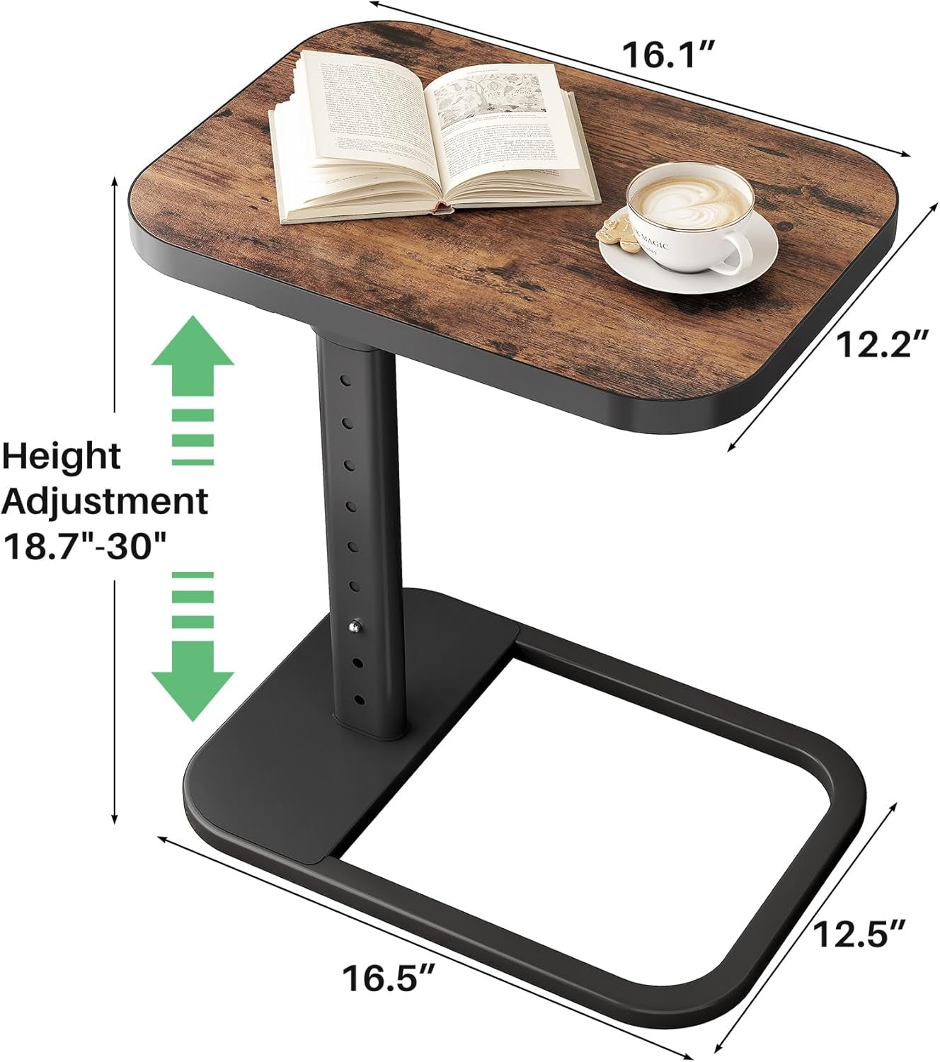 Top-down angled view of the table showing wood grain top and measurements drawn around the base and top.