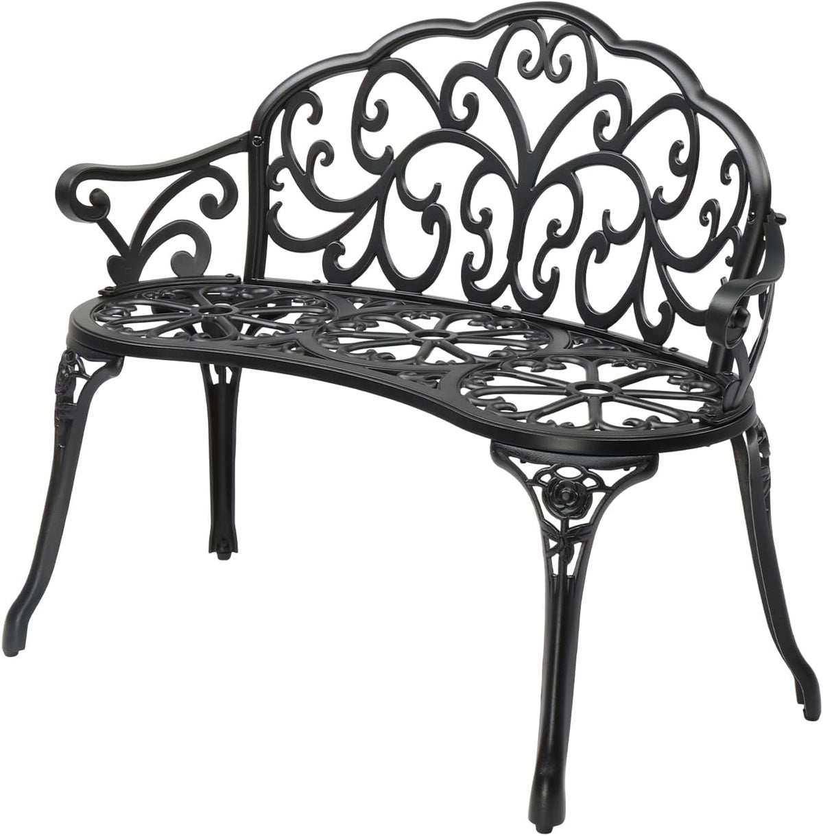 Close studio view of a black ornate metal two-person bench with scrollwork back.