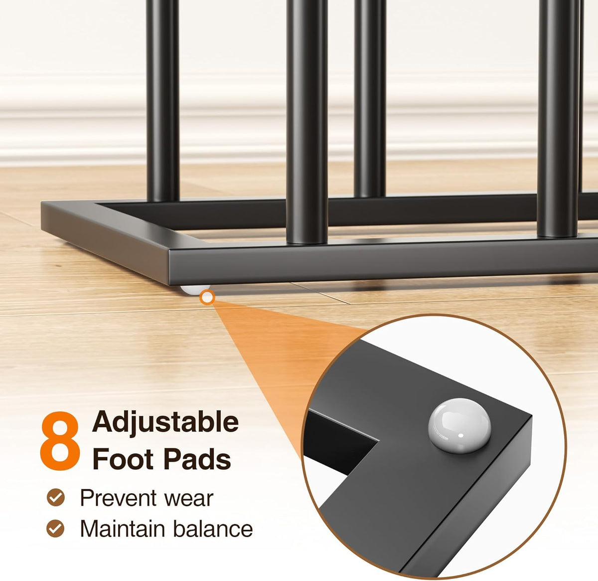 Corner view of the rectangular metal base showing a white adjustable foot pad beneath the rack
