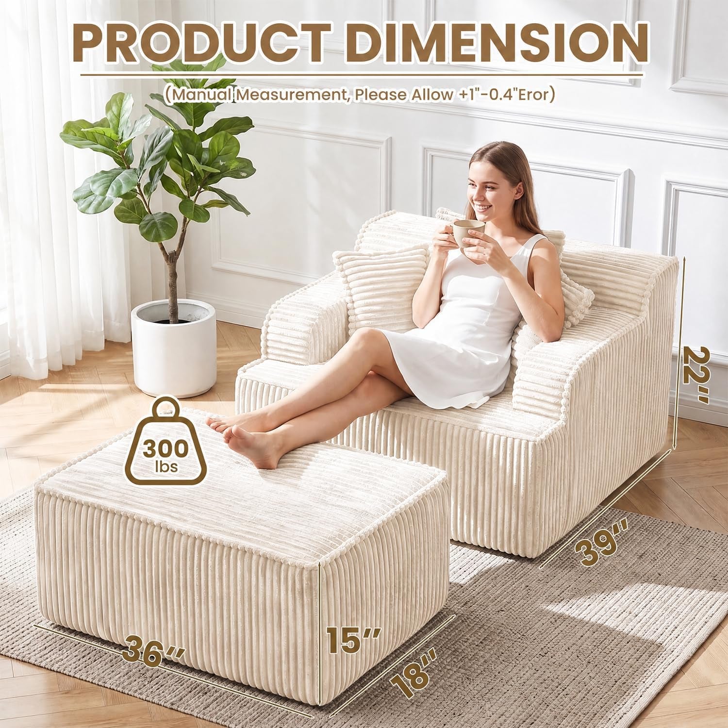 Beige chaise lounge with separate ottoman displayed with overlaid product dimension graphics in a bright room