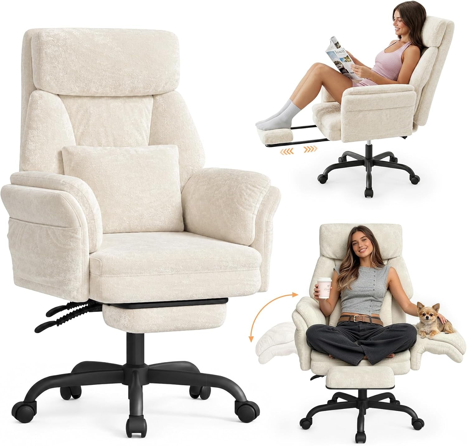 Cream-colored plush reclining office chair shown with inset images of people using the footrest and sitting cross-legged
