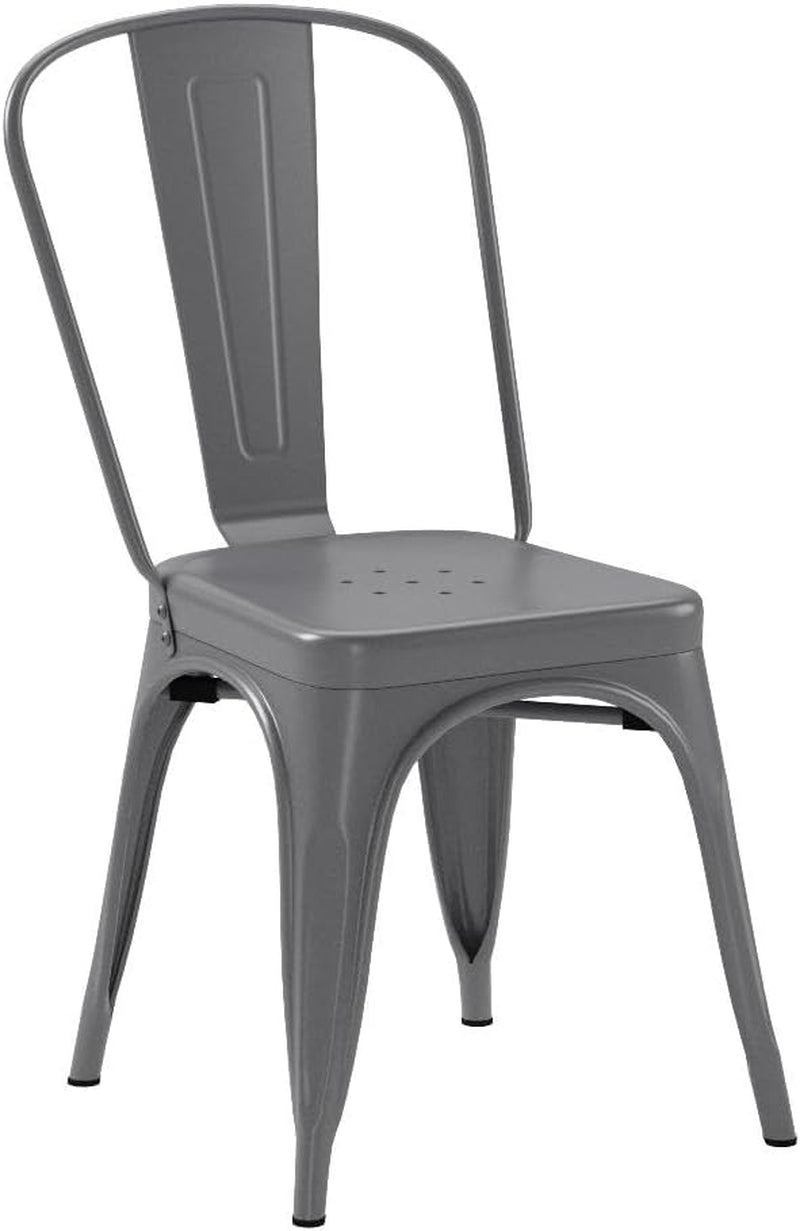 Single dark gray metal dining chair angled front view on a white background