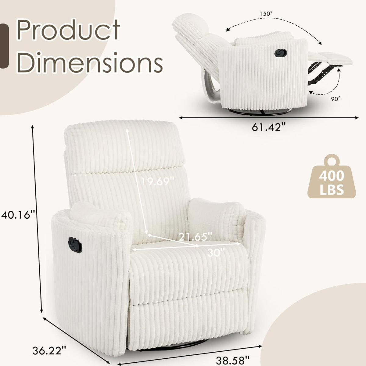 Front and side product diagrams of the beige recliner showing arrows and measurements against a light background.