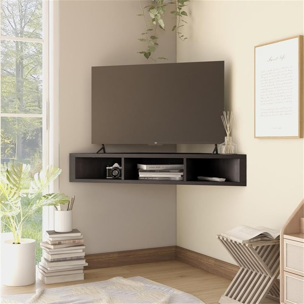 Styled corner living room with cappuccino floating TV stand mounted on the wall and a TV placed on top