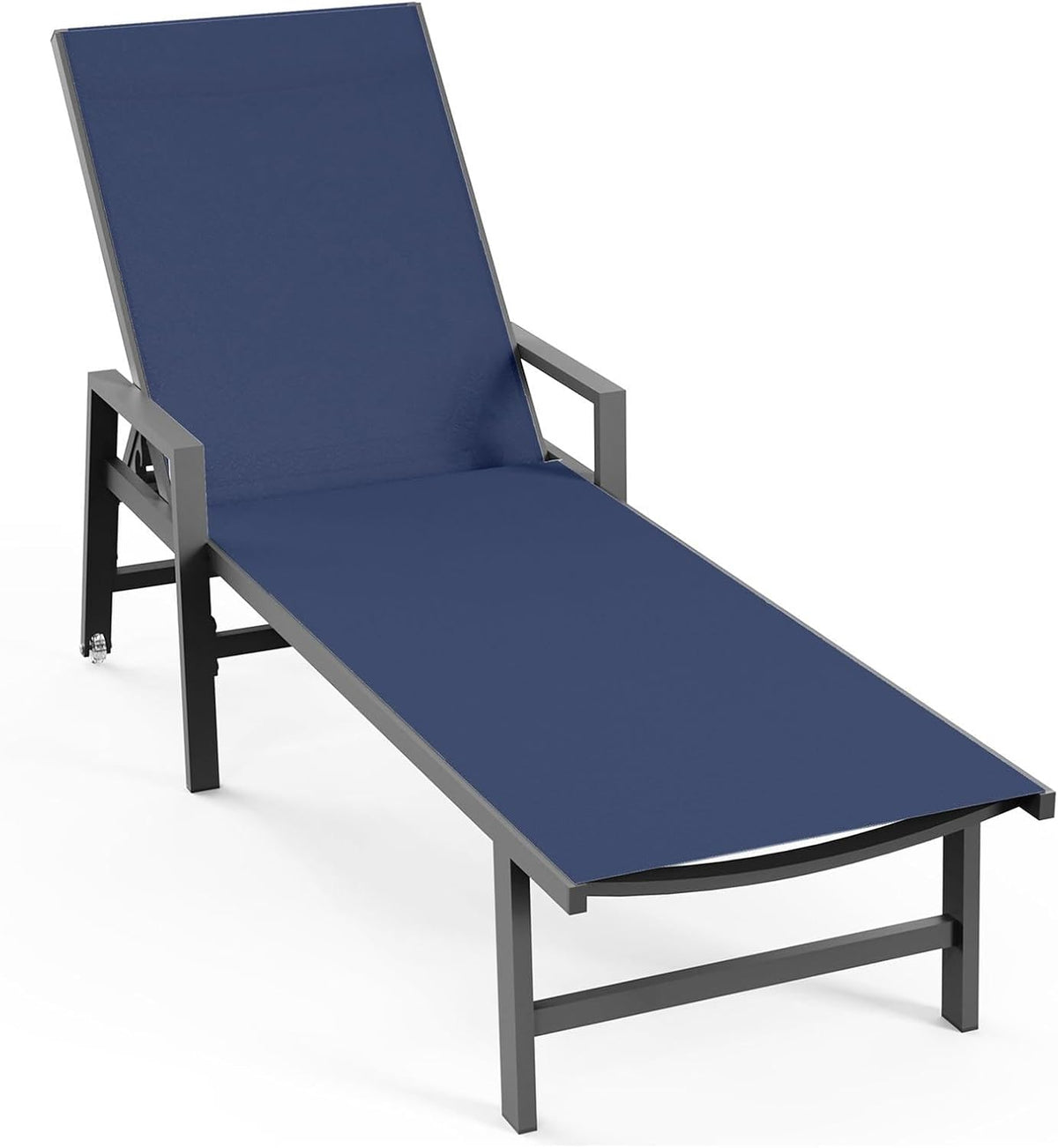 Studio view of a navy blue chaise lounge angled toward the camera on a white background.