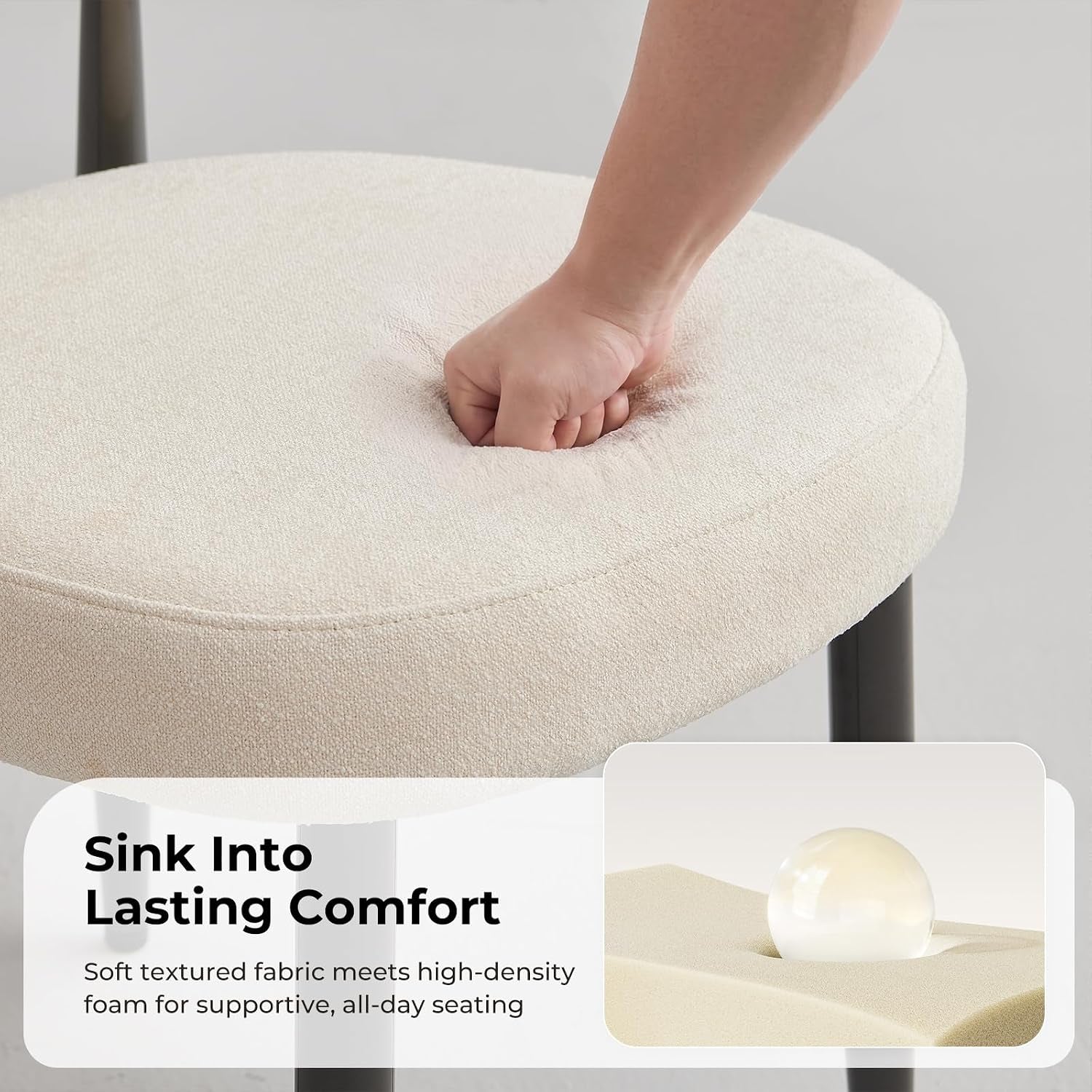 Hand pressing into the beige seat cushion beside an inset illustration of the foam layer.