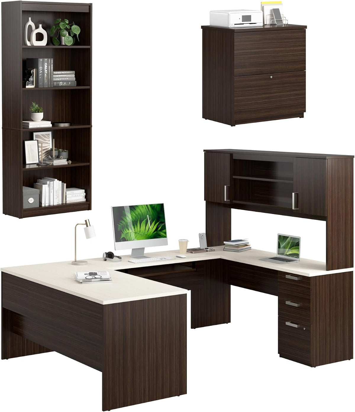Composite view showing matching bookcase, lateral file and hutch with two-tone U-shaped desk